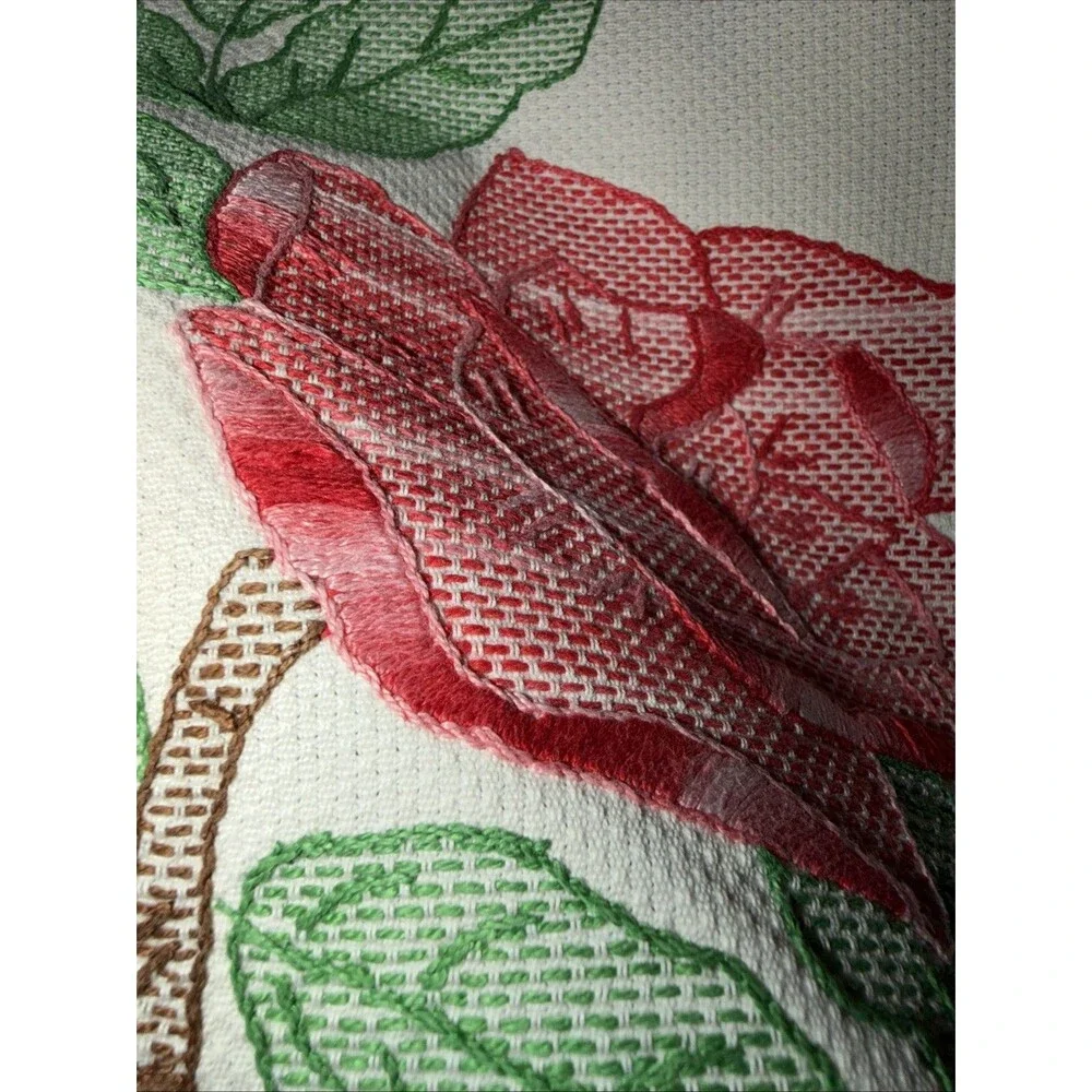 Antique Floral Table Runner Pink Rose Cross Stitch Farmhouse Cottagecore 43x16”